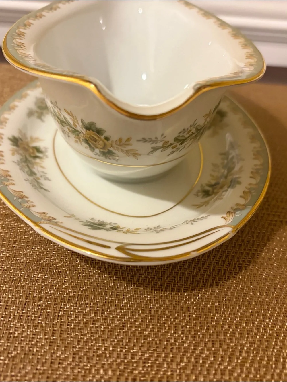 Vintage Noritake Brunswick Pattern Gravy Boat with underplate, Yellow Rose, Oval